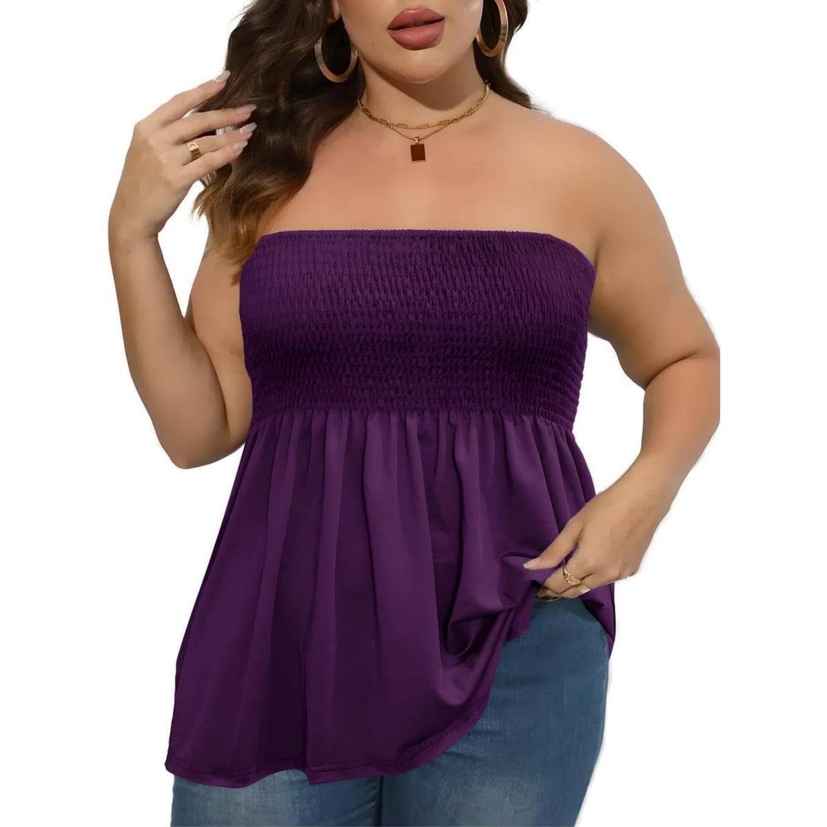 Plus Size Strapless Pleated Tube Top – Flowy Stretch Summer Blouse