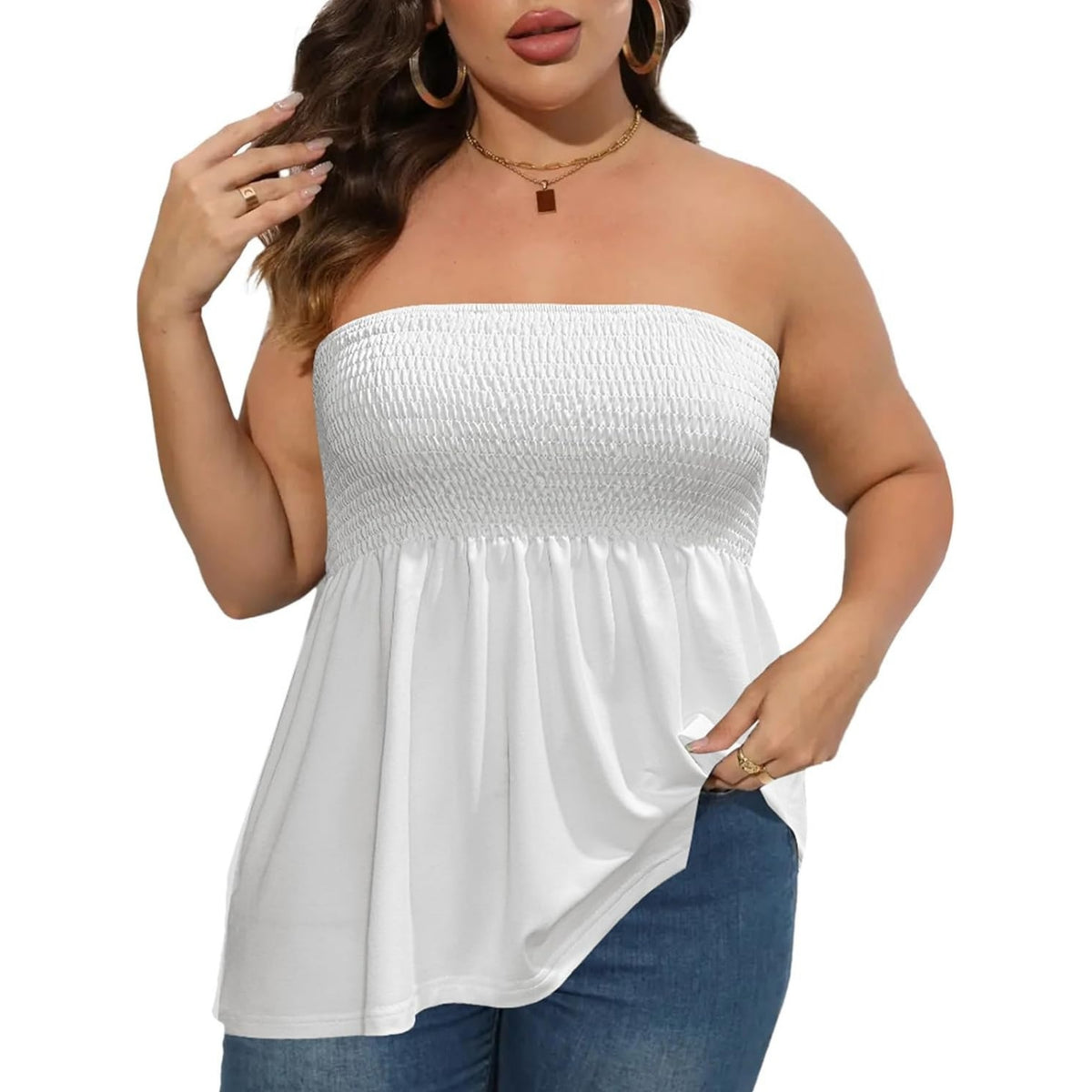 Plus Size Strapless Pleated Tube Top – Flowy Stretch Summer Blouse