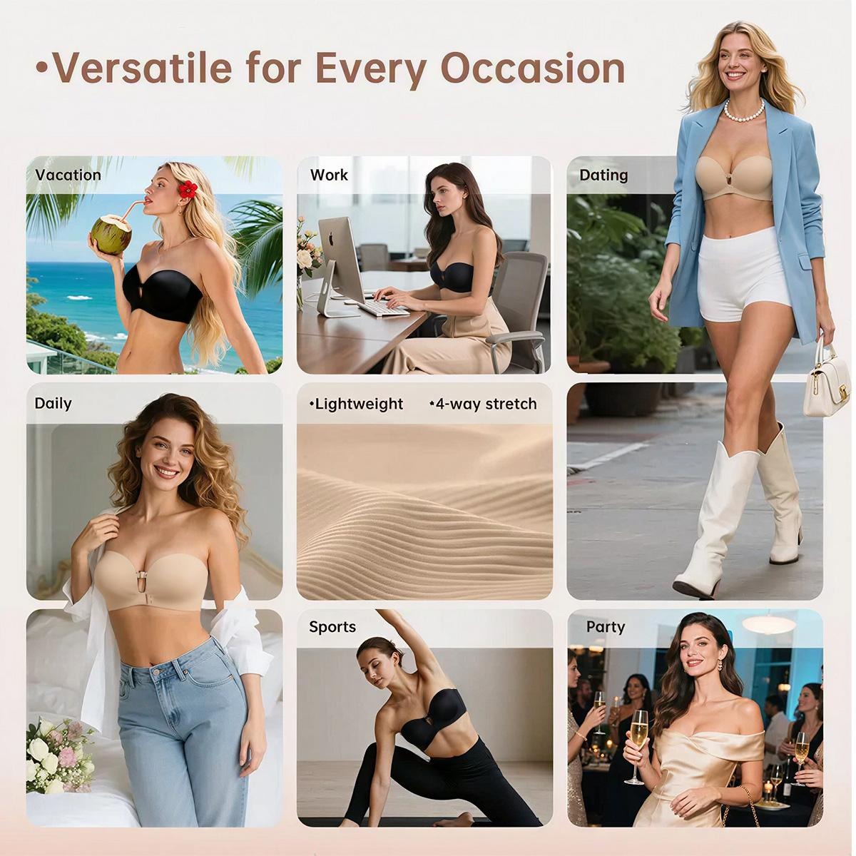 Strapless Front-Closure Push-Up Bra – Anti-Slip Grip, Seamless, A-C Cup