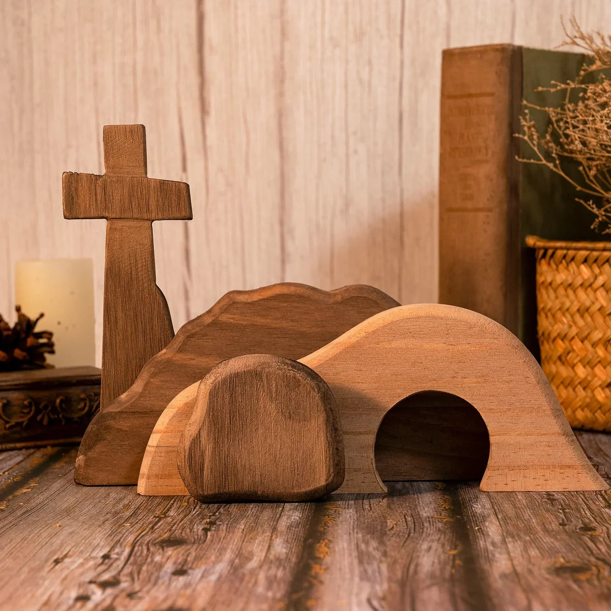 Wooden Empty Tomb Easter Scene - Jesus Resurrection Cross Decor for Home