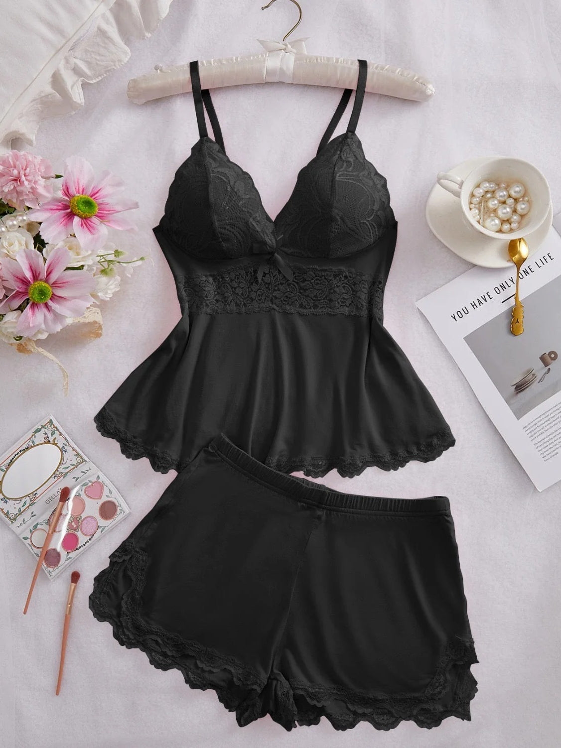Lace Trim Cami & Shorts Pajama Set for Women