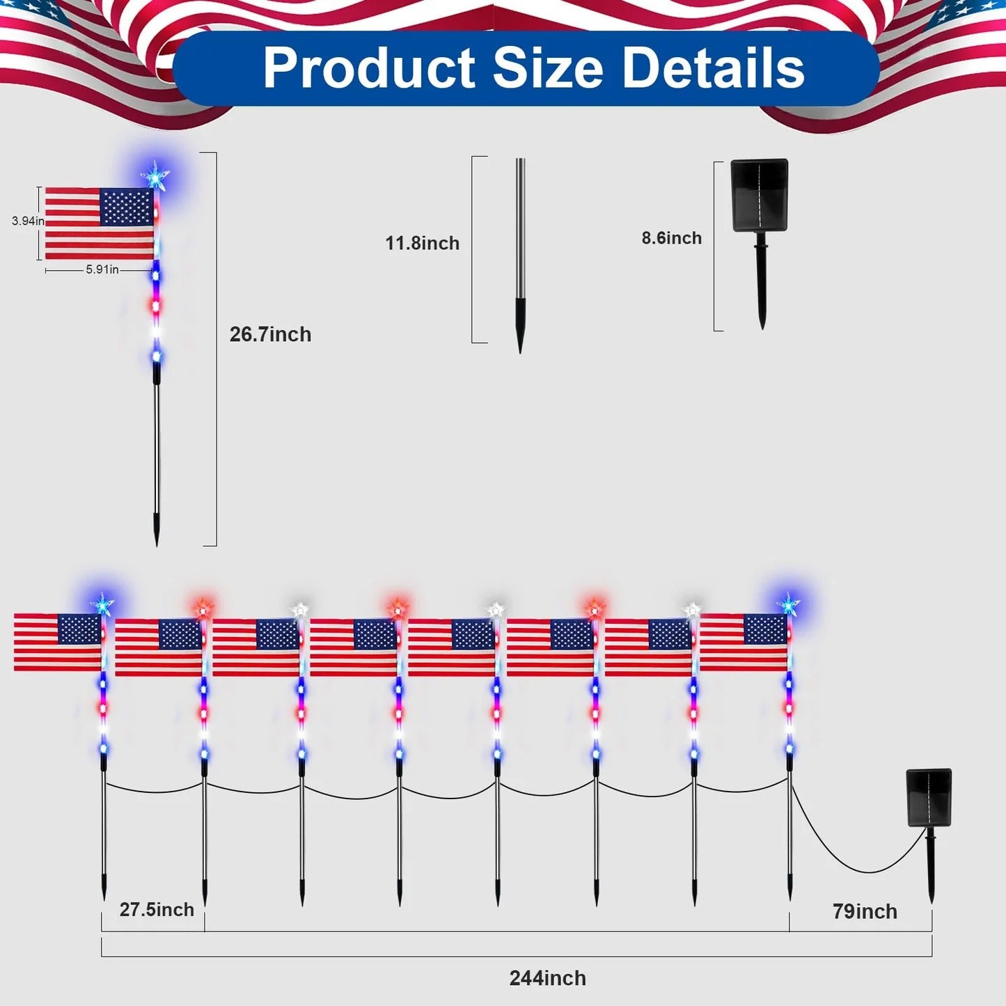 8-Piece Solar Flag Light Set – 8 Lighting Modes Patriotic Garden & Pathway Decor