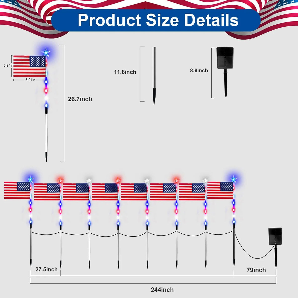8-Piece Solar Flag Light Set – 8 Lighting Modes Patriotic Garden & Pathway Decor
