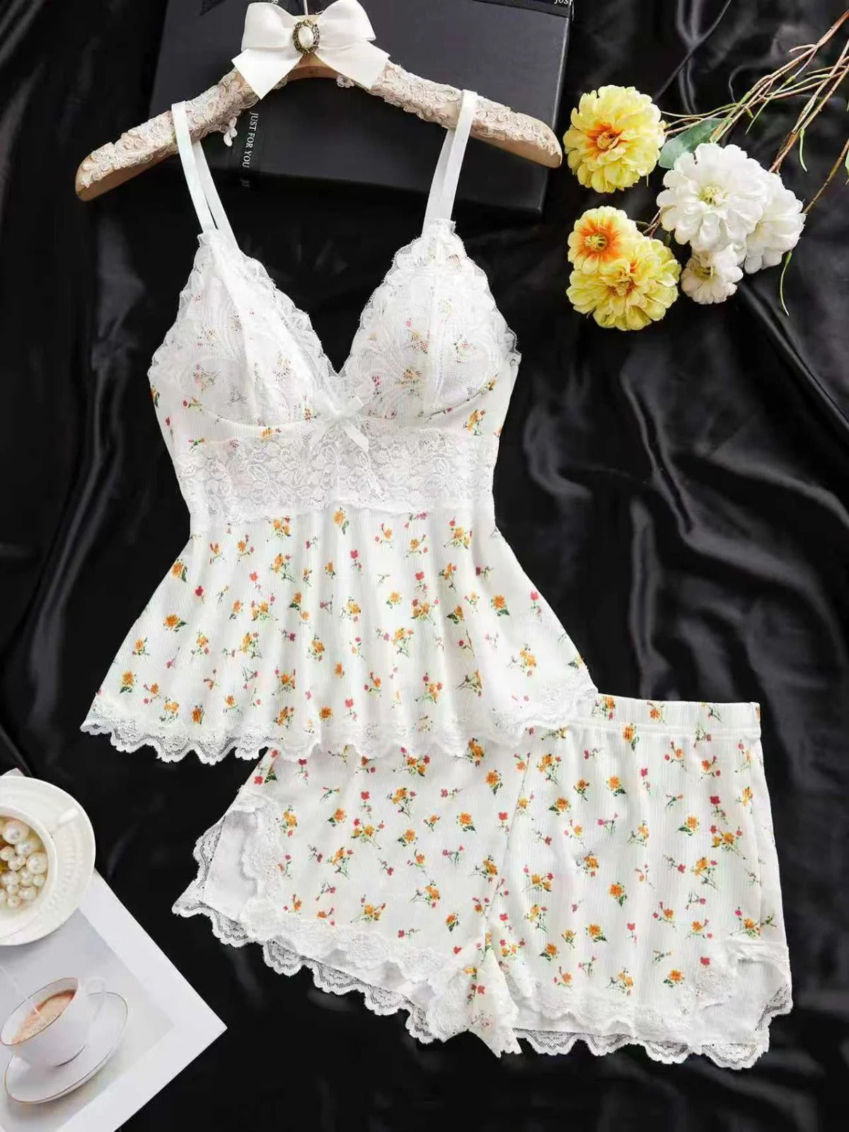 Lace Trim Cami & Shorts Pajama Set for Women