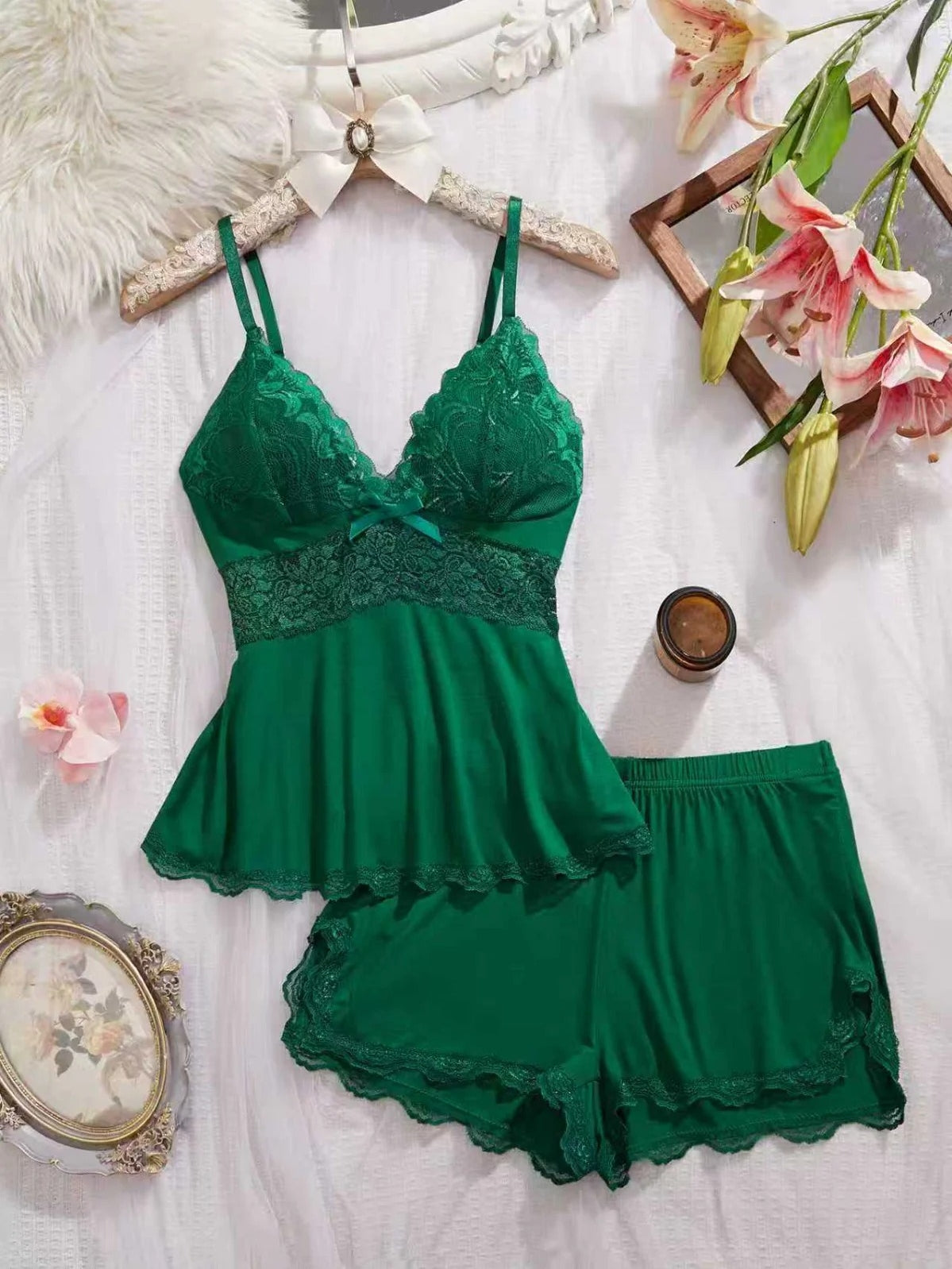 Lace Trim Cami & Shorts Pajama Set for Women