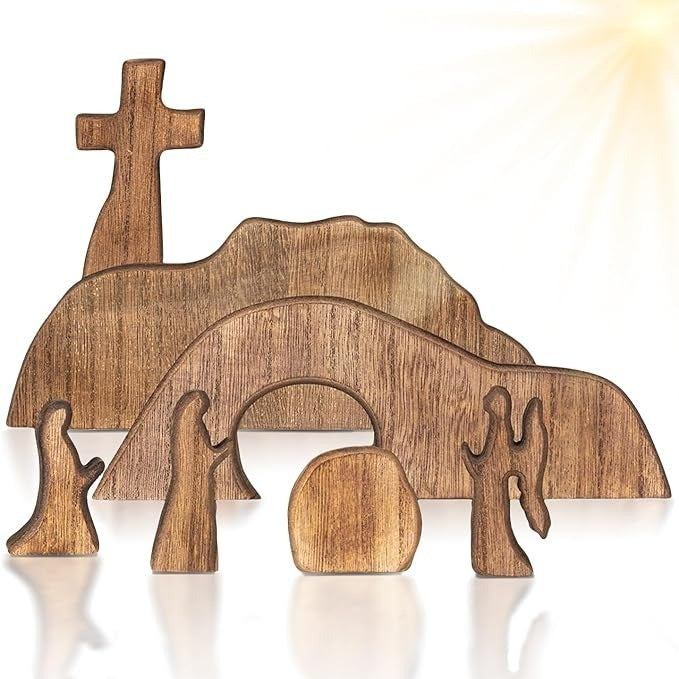 Wooden Empty Tomb Easter Scene - Jesus Resurrection Cross Decor for Home