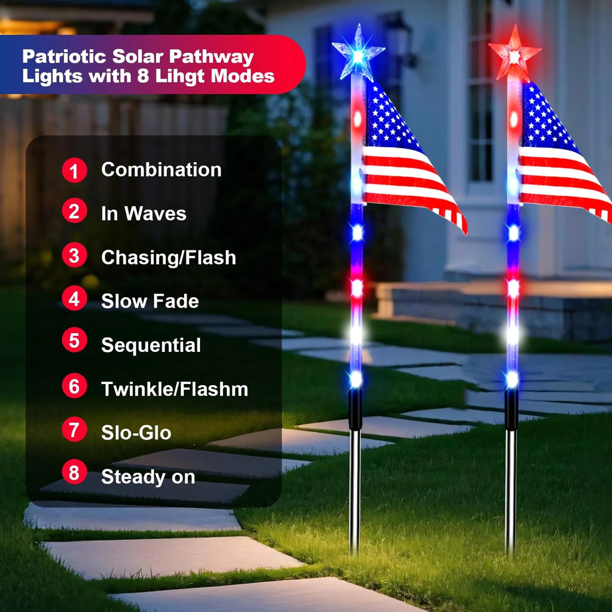 8-Piece Solar Flag Light Set – 8 Lighting Modes Patriotic Garden & Pathway Decor