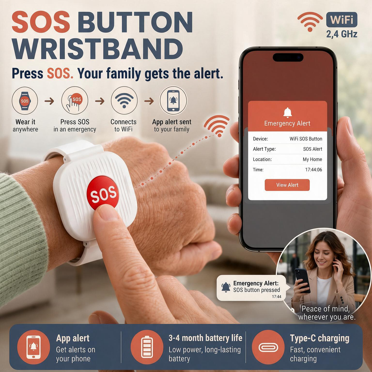 SOS Emergency Alert Bracelet for Seniors – Instant Panic Button with App Notification