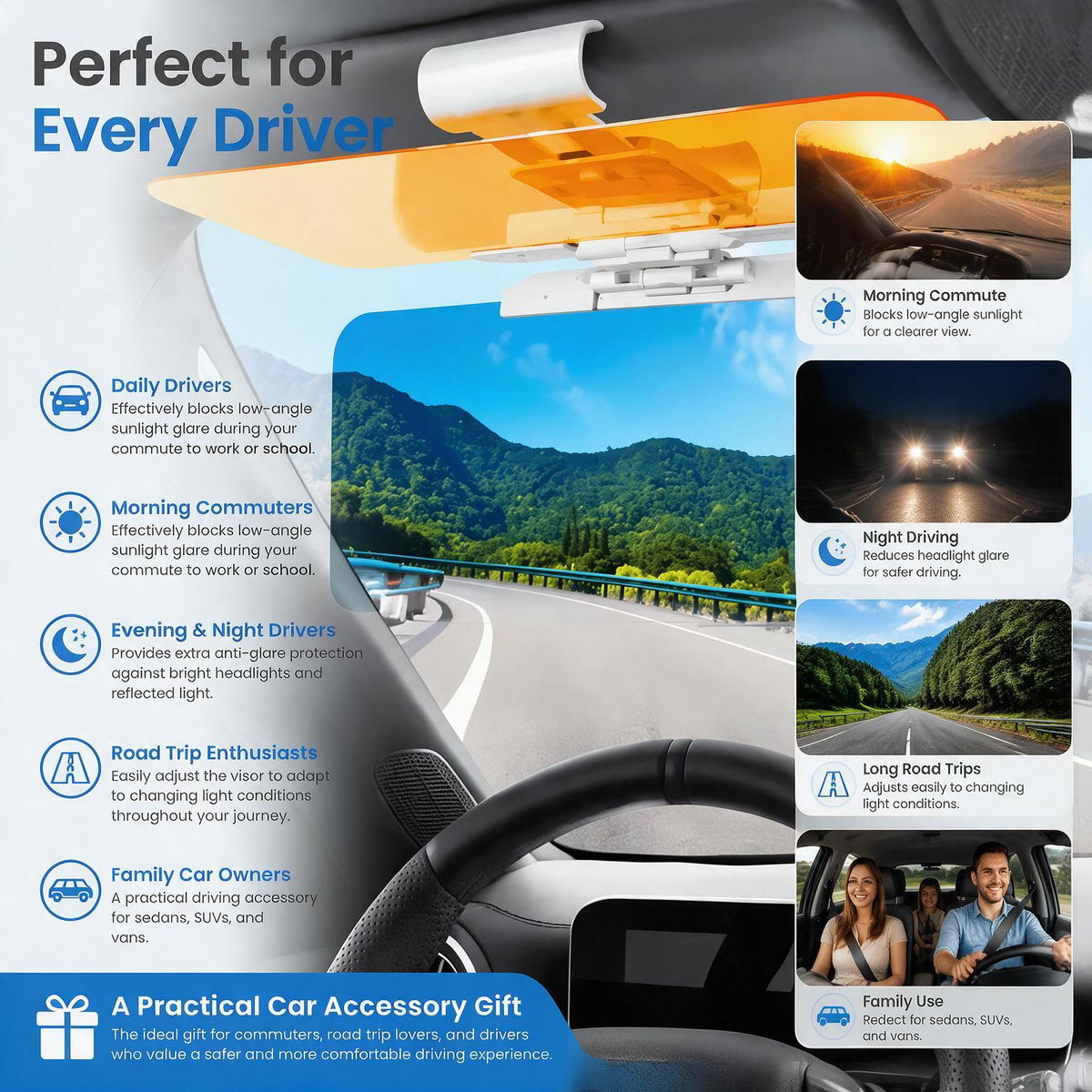 2-in-1 Car Sun Visor Extender – Adjustable Day & Night Anti-Glare Shield