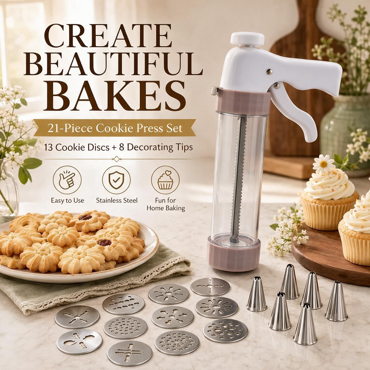 Cream Decorating Tool & Cookie Press Set – 21-Piece Baking Kit