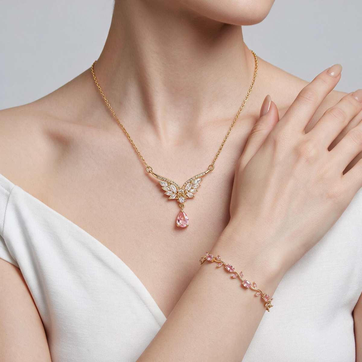 The Ethereal Romance Set – Pink Tulip Bracelet & Wing Pendant Necklace