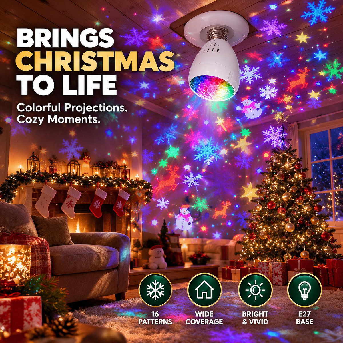 E27 Christmas Snowflake Projection Bulb – 16-Pattern Storm Projector Light