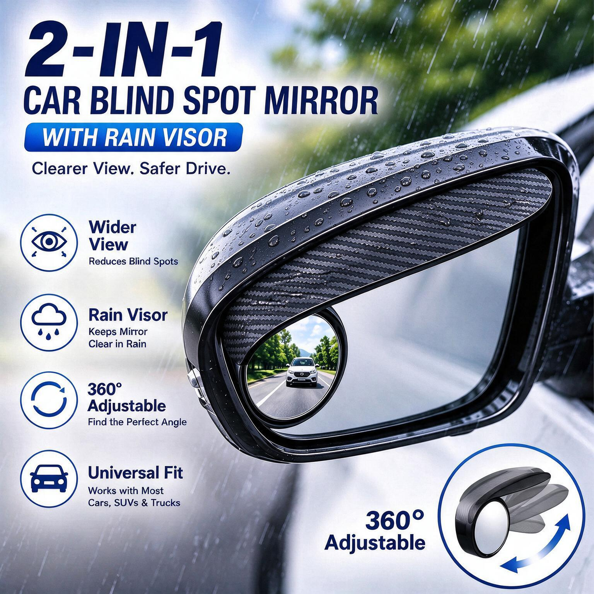 2-in-1 Side Mirror Rain Visors with Blind Spot Mirrors