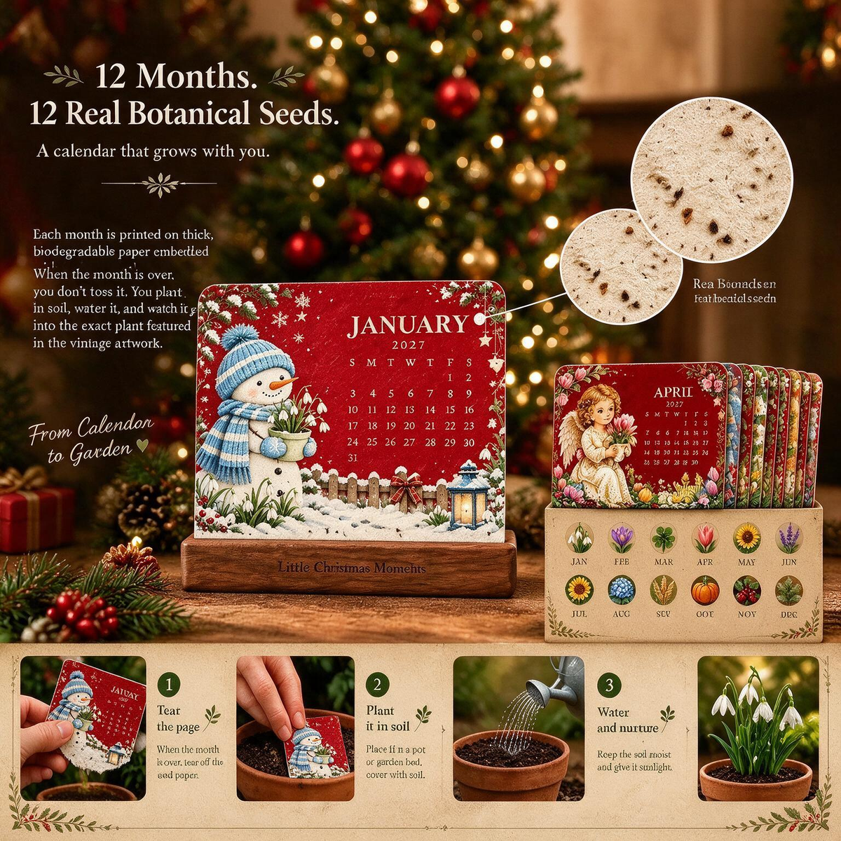 2027 Christmas Mini Plantable Seed Paper Desk Calendar with Wooden Stand