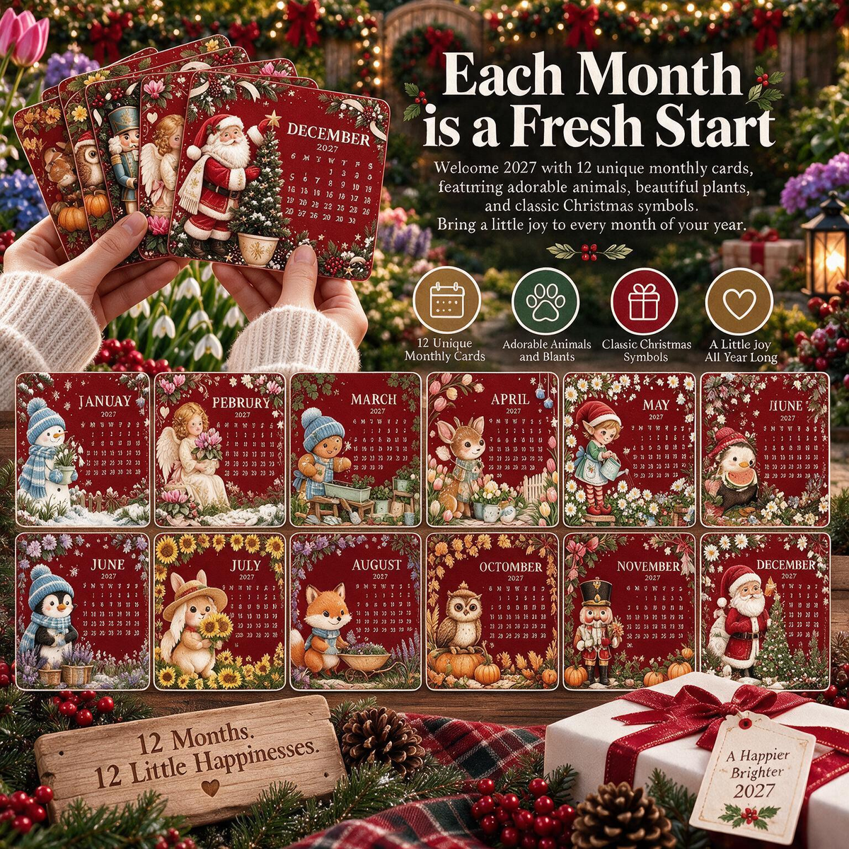 2027 Christmas Mini Plantable Seed Paper Desk Calendar with Wooden Stand