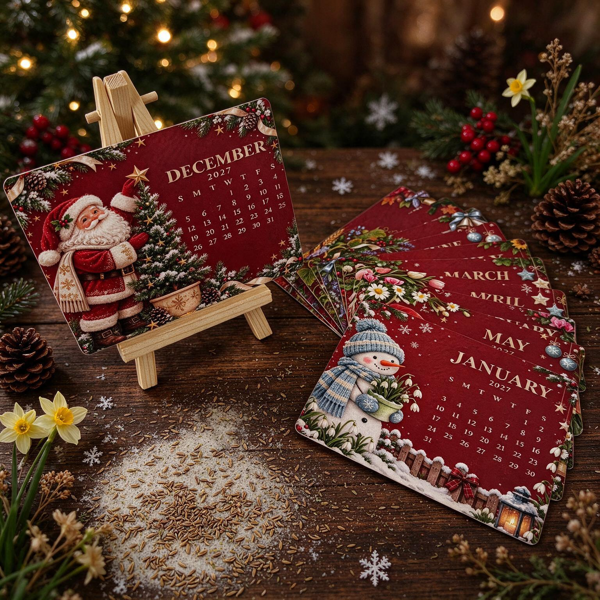 2027 Christmas Mini Plantable Seed Paper Desk Calendar with Wooden Stand