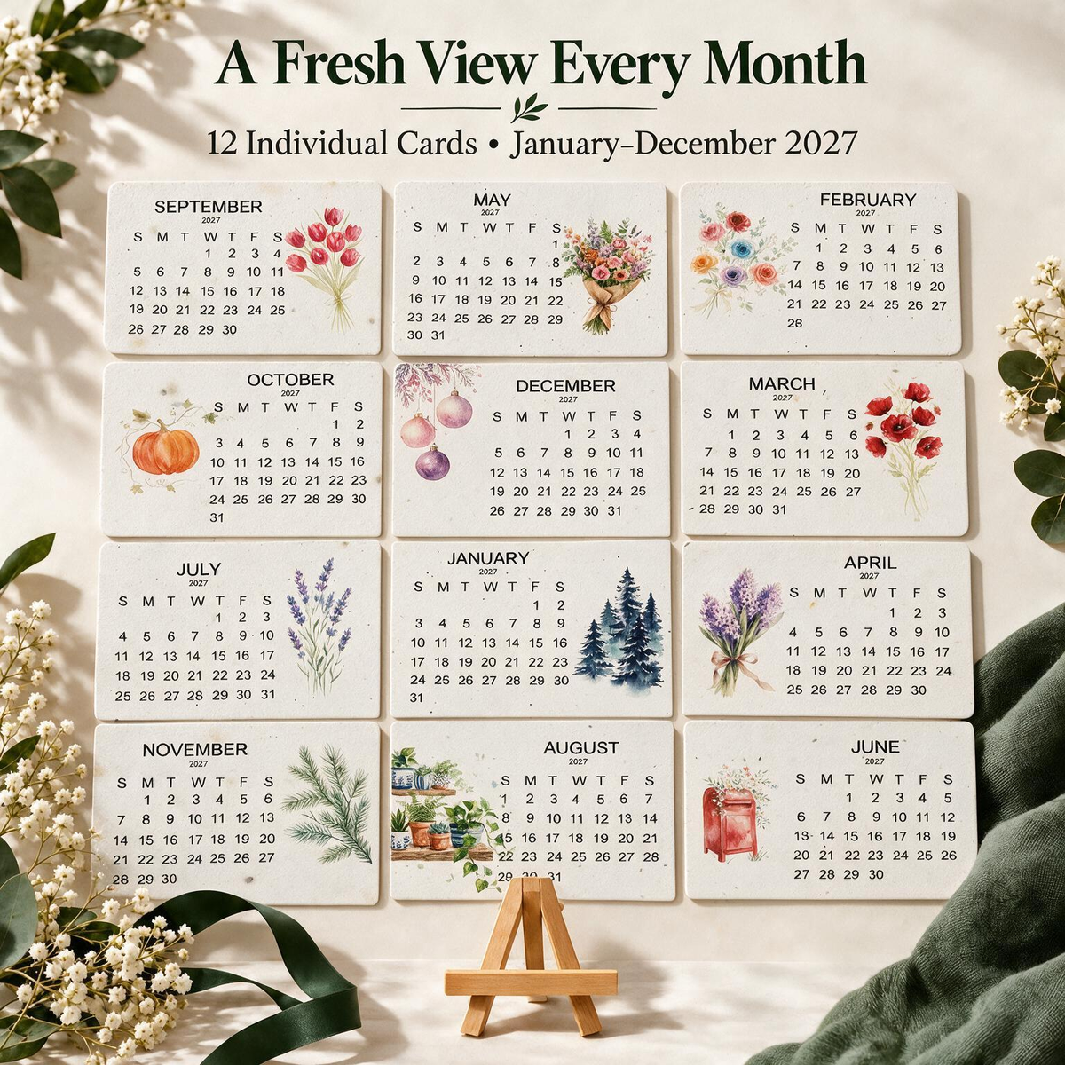 2027 Christmas Mini Plantable Seed Paper Desk Calendar with Wooden Stand
