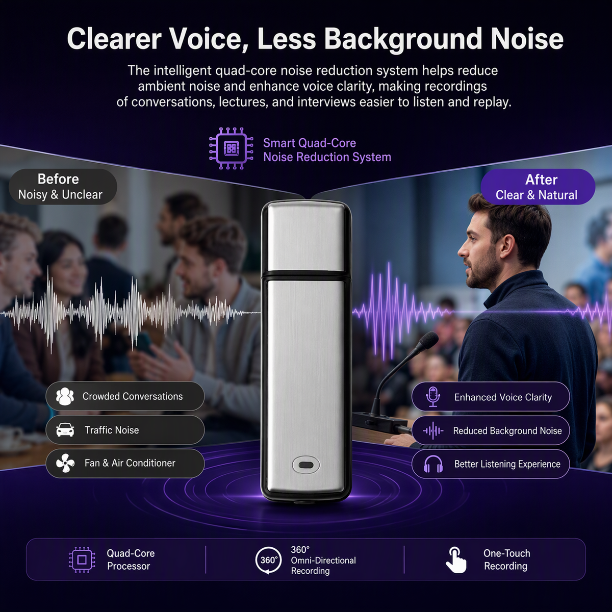 2-in-1 USB Voice Recorder with Smart Noise Reduction