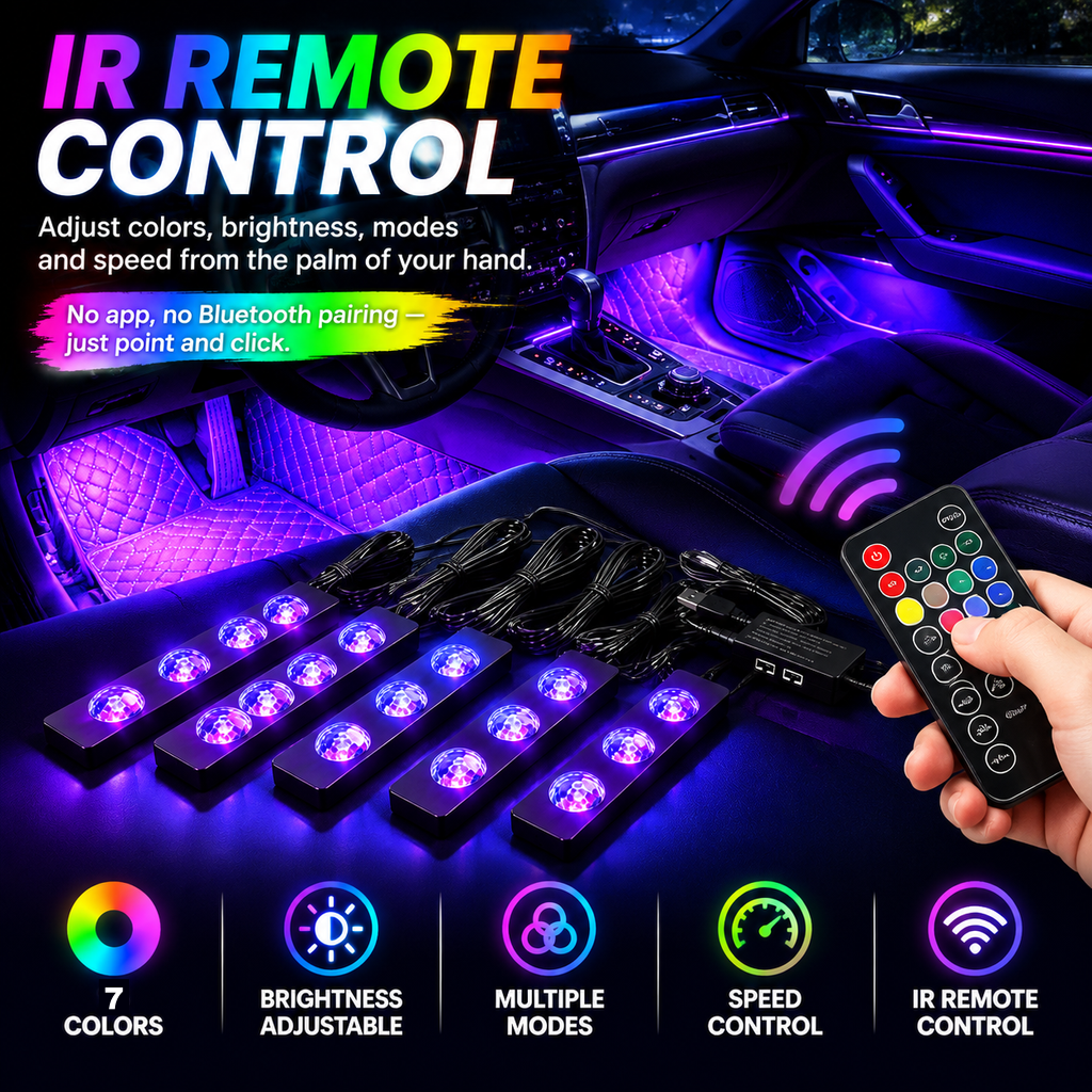 5V USB RGB LED Strip Lights – 4-Piece Car Interior Kit with Music Sync & Remote